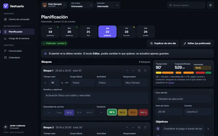 Planificación del día con bloques, tiempos y responsables