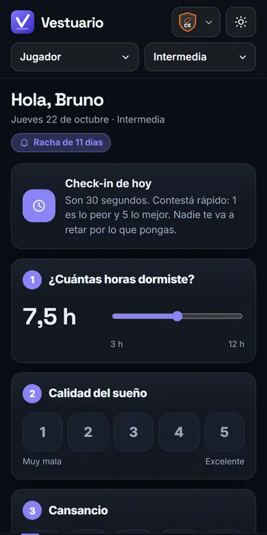 Reporte diario del jugador: horas de sueño y calidad del sueño